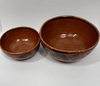 Vintage Handmade Mexican Redware Clay Pottery Serving Bowl Set of 2 Hand Painted