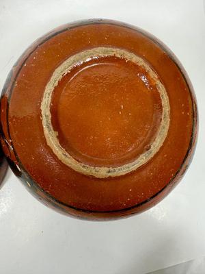Vintage Handmade Mexican Redware Clay Pottery Serving Bowl Set of 2 Hand Painted