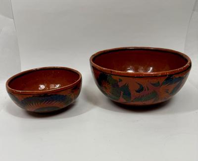 Vintage Handmade Mexican Redware Clay Pottery Serving Bowl Set of 2 Hand Painted