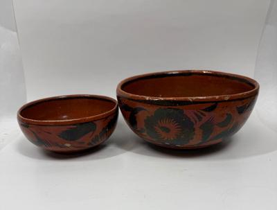 Vintage Handmade Mexican Redware Clay Pottery Serving Bowl Set of 2 Hand Painted