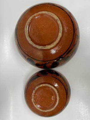 Vintage Handmade Mexican Redware Clay Pottery Serving Bowl Set of 2 Hand Painted