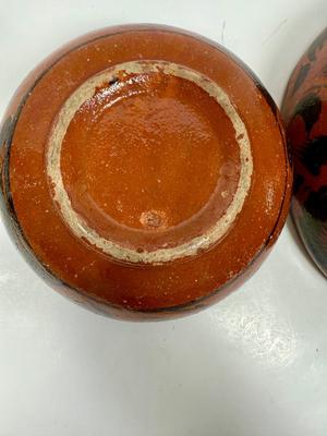 Vintage Handmade Mexican Redware Clay Pottery Serving Bowl Set of 2 Hand Painted