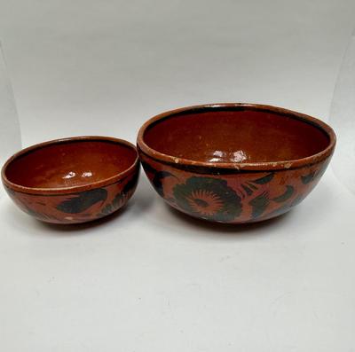 Vintage Handmade Mexican Redware Clay Pottery Serving Bowl Set of 2 Hand Painted