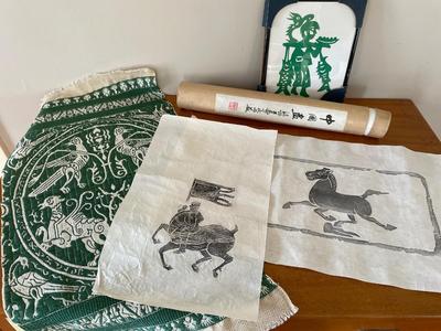 Block prints on rice paper, tapestry, artwork