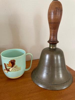 Vintage school, bell, Russian nesting dolls, and book