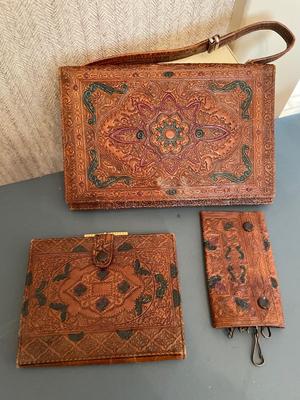 Leather Hand tooled ensemble – purse, wallet, and key holder