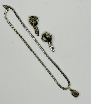 Vintage Rhinestone Silvertone Necklace and Clip-on Earrings
