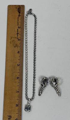 Vintage Rhinestone Silvertone Necklace and Clip-on Earrings