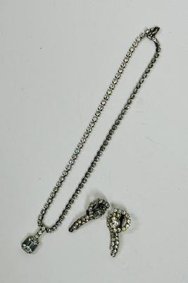 Vintage Rhinestone Silvertone Necklace and Clip-on Earrings