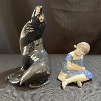 Two Bing & Grondahl Figurines: “Seal” and “Girl with Doll” (O-HS)