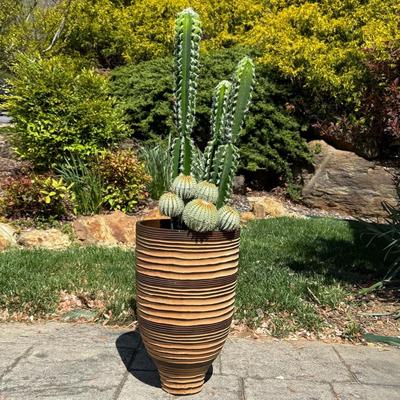 Potted Faux Cactus in Carved Wood Planter (G-HS)