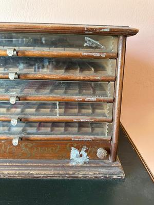 ANTIQUE CORTICELLI SPOOL SILK CABINET