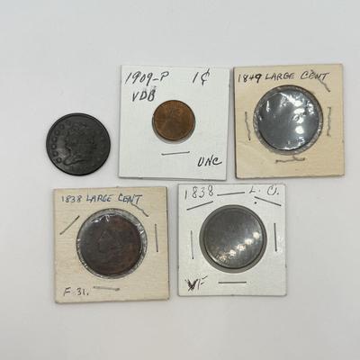 LOT 543J: Antique US Coins: 1810 Liberty Head One Cent Piece, Early 1800s Large Cents & 1909 VDB Penny