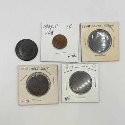 LOT 543J: Antique US Coins: 1810 Liberty Head One Cent Piece, Early 1800s Large Cents & 1909 VDB Penny