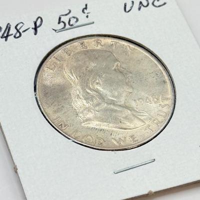 LOT 547J: 1948-P & 1950-P Benjamin Franklin Liberty Bell US Half Dollar Coins (90% Silver)