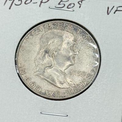 LOT 547J: 1948-P & 1950-P Benjamin Franklin Liberty Bell US Half Dollar Coins (90% Silver)