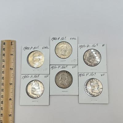 LOT 547J: 1948-P & 1950-P Benjamin Franklin Liberty Bell US Half Dollar Coins (90% Silver)