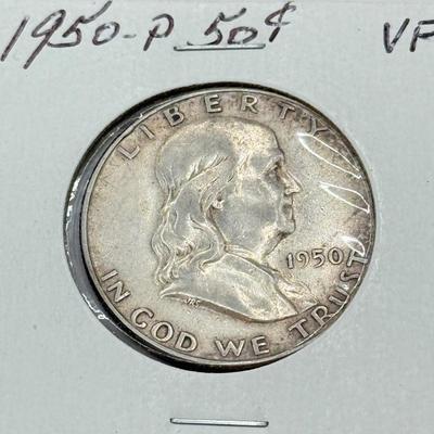 LOT 547J: 1948-P & 1950-P Benjamin Franklin Liberty Bell US Half Dollar Coins (90% Silver)