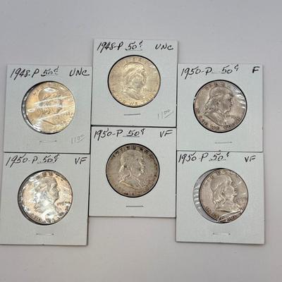 LOT 547J: 1948-P & 1950-P Benjamin Franklin Liberty Bell US Half Dollar Coins (90% Silver)