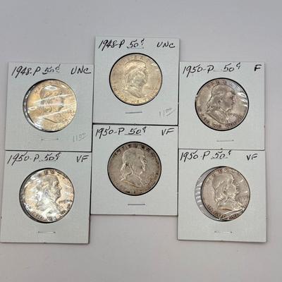 LOT 547J: 1948-P & 1950-P Benjamin Franklin Liberty Bell US Half Dollar Coins (90% Silver)