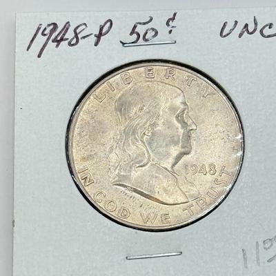 LOT 547J: 1948-P & 1950-P Benjamin Franklin Liberty Bell US Half Dollar Coins (90% Silver)