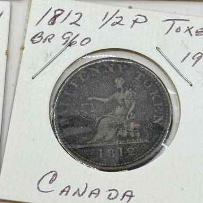 LOT 551J: 1800s Antique Canadian Coins & Tokens: New Brunswick Penny Token, Success to the Fisheries, Canadian 1/2 Penny & More
