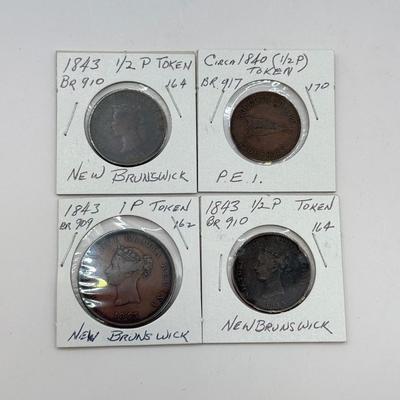 LOT 551J: 1800s Antique Canadian Coins & Tokens: New Brunswick Penny Token, Success to the Fisheries, Canadian 1/2 Penny & More