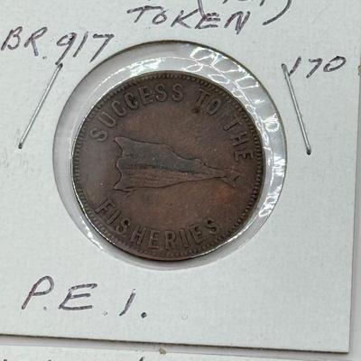 LOT 551J: 1800s Antique Canadian Coins & Tokens: New Brunswick Penny Token, Success to the Fisheries, Canadian 1/2 Penny & More