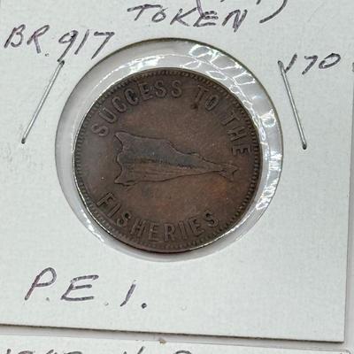 LOT 551J: 1800s Antique Canadian Coins & Tokens: New Brunswick Penny Token, Success to the Fisheries, Canadian 1/2 Penny & More