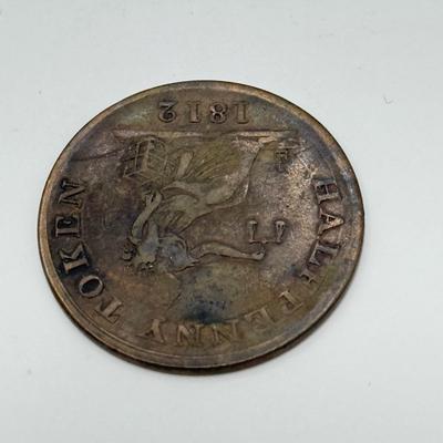LOT 551J: 1800s Antique Canadian Coins & Tokens: New Brunswick Penny Token, Success to the Fisheries, Canadian 1/2 Penny & More