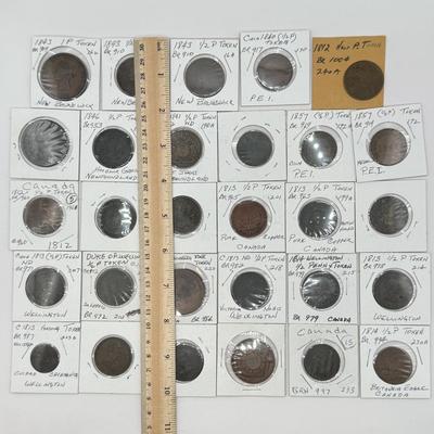 LOT 551J: 1800s Antique Canadian Coins & Tokens: New Brunswick Penny Token, Success to the Fisheries, Canadian 1/2 Penny & More