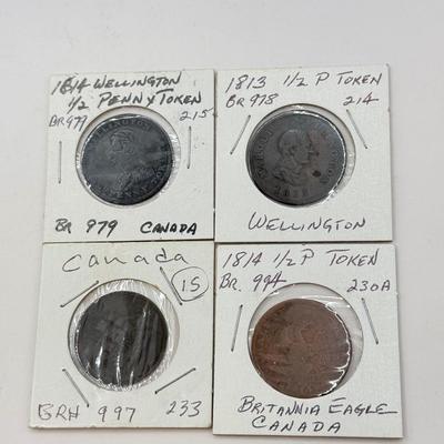 LOT 551J: 1800s Antique Canadian Coins & Tokens: New Brunswick Penny Token, Success to the Fisheries, Canadian 1/2 Penny & More