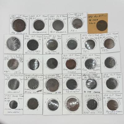LOT 551J: 1800s Antique Canadian Coins & Tokens: New Brunswick Penny Token, Success to the Fisheries, Canadian 1/2 Penny & More