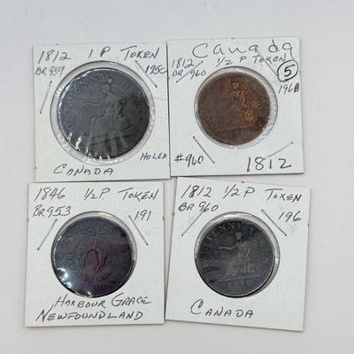 LOT 551J: 1800s Antique Canadian Coins & Tokens: New Brunswick Penny Token, Success to the Fisheries, Canadian 1/2 Penny & More