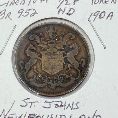 LOT 551J: 1800s Antique Canadian Coins & Tokens: New Brunswick Penny Token, Success to the Fisheries, Canadian 1/2 Penny & More