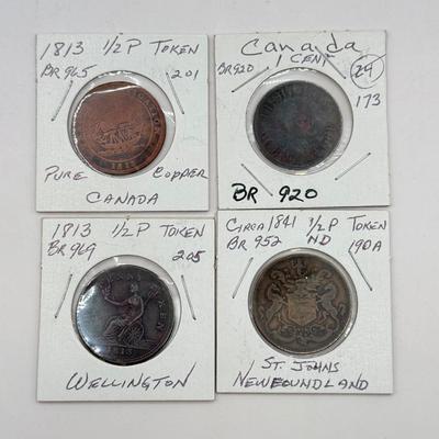 LOT 551J: 1800s Antique Canadian Coins & Tokens: New Brunswick Penny Token, Success to the Fisheries, Canadian 1/2 Penny & More