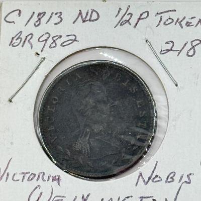LOT 551J: 1800s Antique Canadian Coins & Tokens: New Brunswick Penny Token, Success to the Fisheries, Canadian 1/2 Penny & More