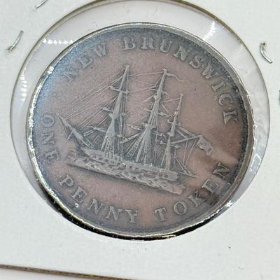 LOT 551J: 1800s Antique Canadian Coins & Tokens: New Brunswick Penny Token, Success to the Fisheries, Canadian 1/2 Penny & More