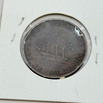 LOT 551J: 1800s Antique Canadian Coins & Tokens: New Brunswick Penny Token, Success to the Fisheries, Canadian 1/2 Penny & More