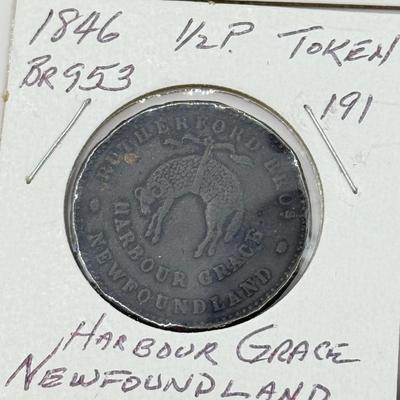 LOT 551J: 1800s Antique Canadian Coins & Tokens: New Brunswick Penny Token, Success to the Fisheries, Canadian 1/2 Penny & More