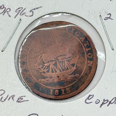 LOT 551J: 1800s Antique Canadian Coins & Tokens: New Brunswick Penny Token, Success to the Fisheries, Canadian 1/2 Penny & More