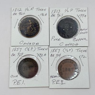 LOT 551J: 1800s Antique Canadian Coins & Tokens: New Brunswick Penny Token, Success to the Fisheries, Canadian 1/2 Penny & More