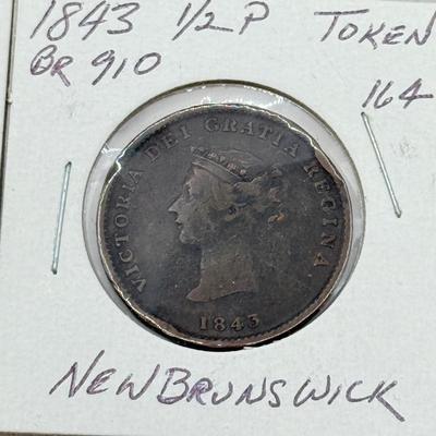 LOT 551J: 1800s Antique Canadian Coins & Tokens: New Brunswick Penny Token, Success to the Fisheries, Canadian 1/2 Penny & More