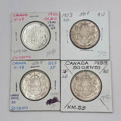 LOT 552J: 1940s-1950s King George VI Canadian 50 Cent Coins (80% Silver, 20% Copper)
