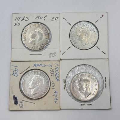 LOT 552J: 1940s-1950s King George VI Canadian 50 Cent Coins (80% Silver, 20% Copper)