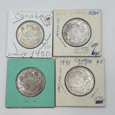 LOT 552J: 1940s-1950s King George VI Canadian 50 Cent Coins (80% Silver, 20% Copper)