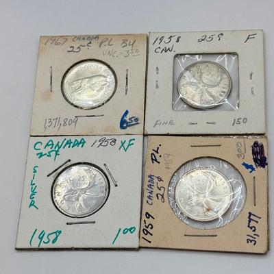 LOT 553J: 1958-1967 Canadian Quarters 25 Cent Coins (80% Silver)