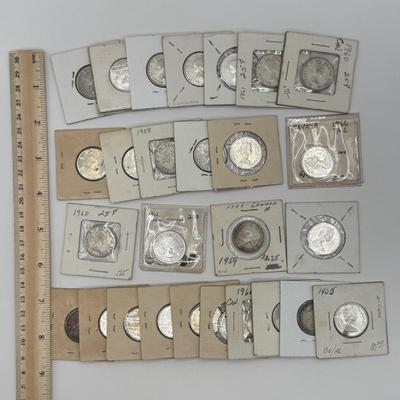 LOT 553J: 1958-1967 Canadian Quarters 25 Cent Coins (80% Silver)