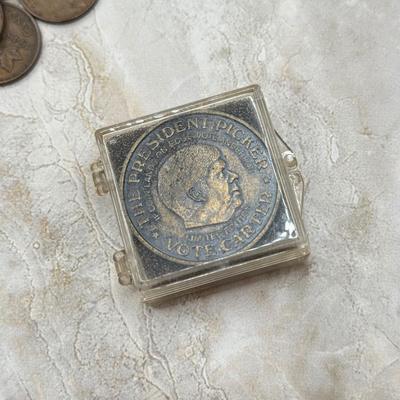LOT 557J: Vintage “VOTE CARTER” Jimmy Carter Medallion/Coin, Canadian Pennies & Collection of Foreign Coins
