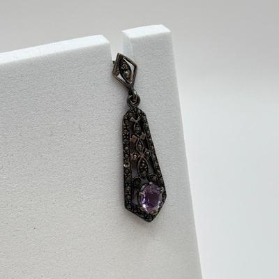 LOT 563J: Vintage Sterling Silver Marcasite & Amethyst Pierced Earrings & Size 4.5 Navajo Native American Turquoise Ring (5.0gtw)